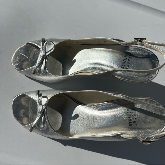 STUART Weitzman peep toe sling back silver high heels Sz 9.5 M - Picture 2 of 13
